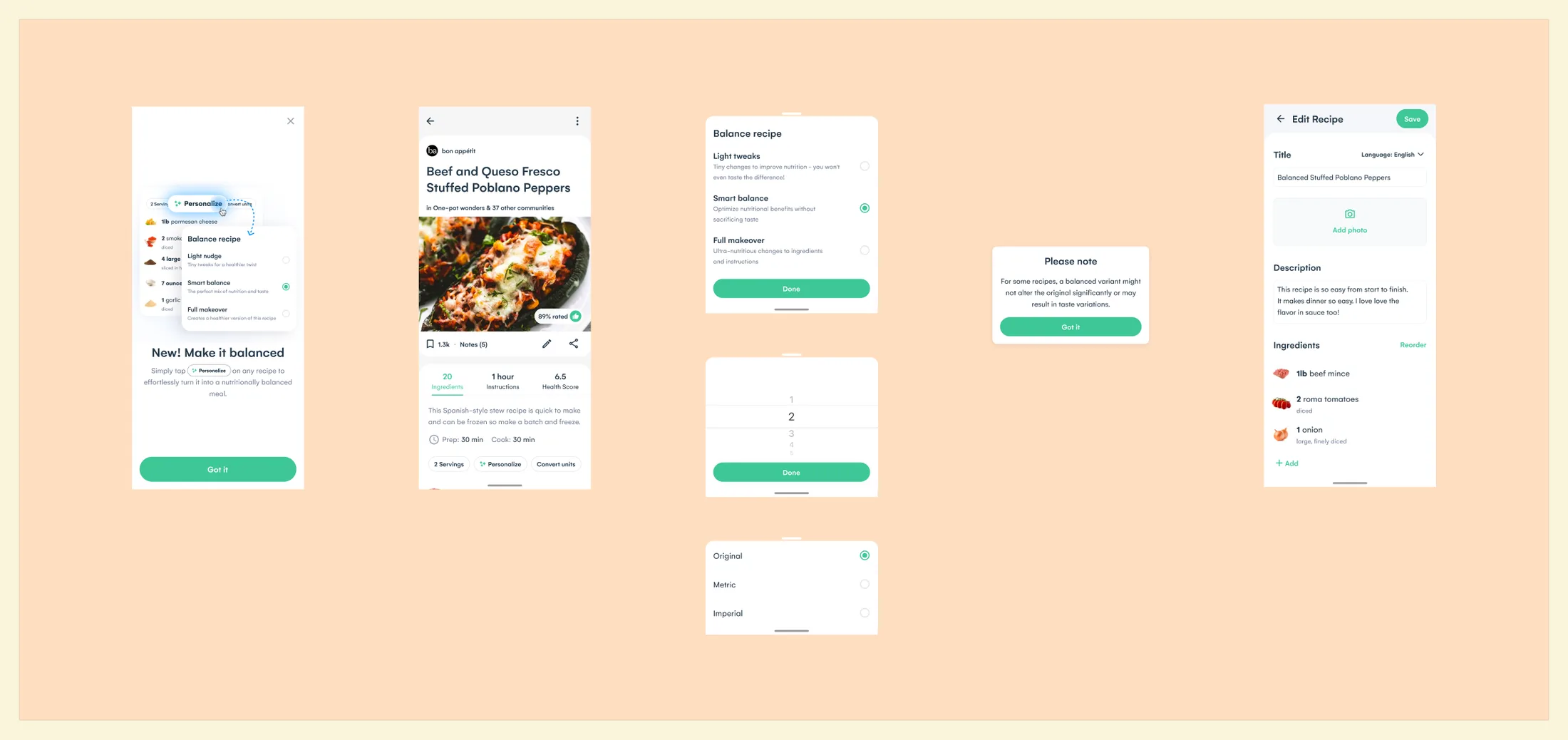 The balance flow as tested: a Make it balanced message, the recipe page, the sheet with light tweaks, smart balance and full makeover, a note on recipes that barely change, and the edited recipe.