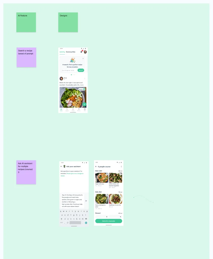 The AI inspiration test set: an AI search card on the home feed, and an assistant that plans a course of recipes for five people.