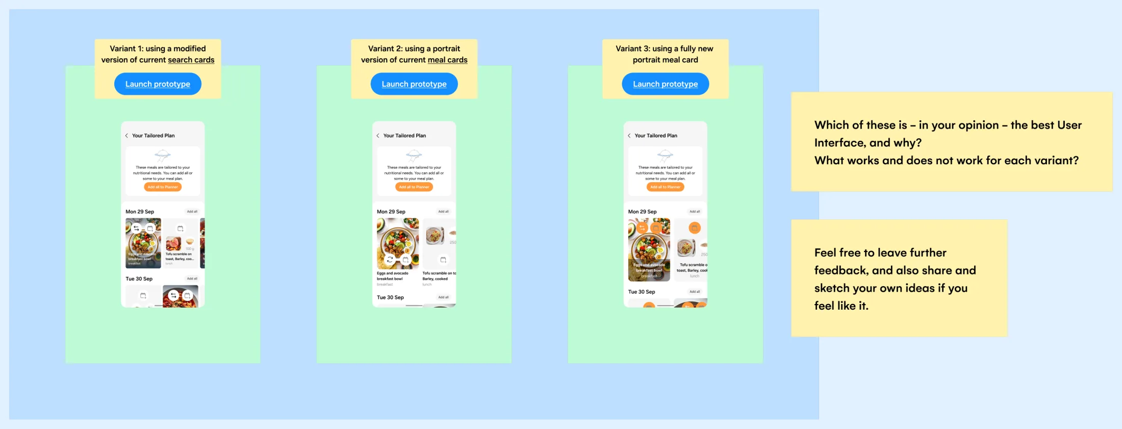 Sprint 10, three card variants for the design review, each with a Launch prototype link and the two review questions beside them.