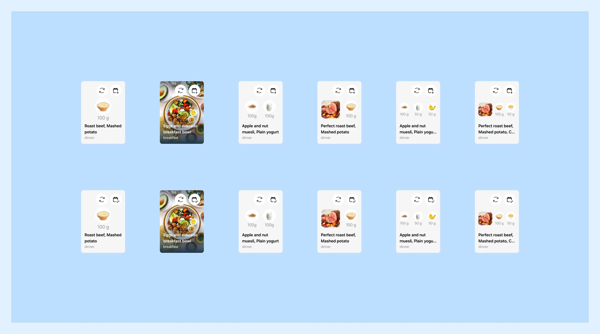Sprint 11, the new card set: recipe and food cards, single and combo, in the default and added states.