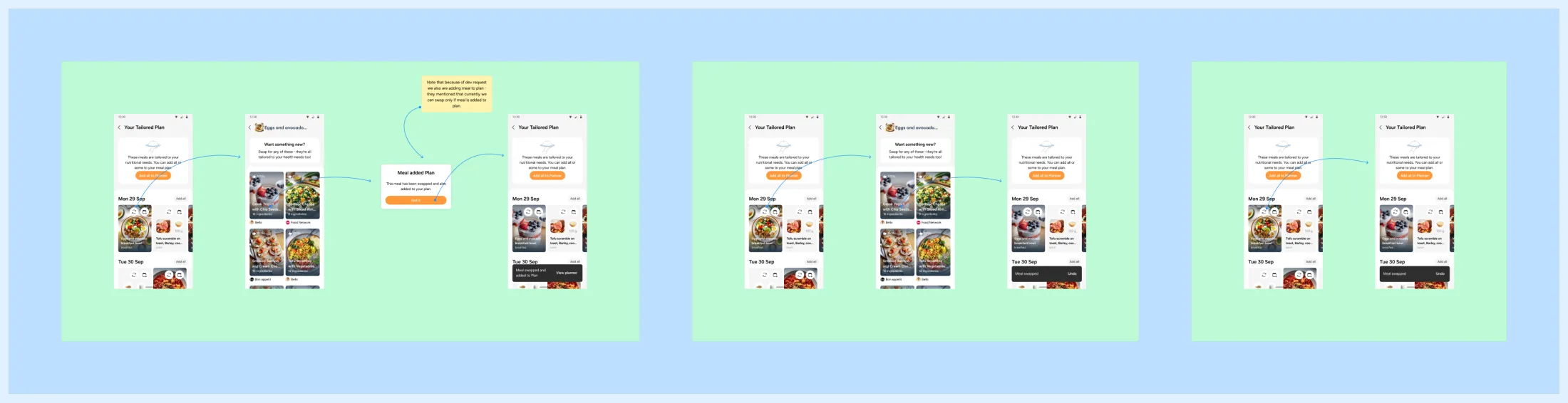 Sprint 11, swapping meals in place: the card set, the cycle through candidates with the Meal swapped toast, the meal added to plan, and the toast variants.