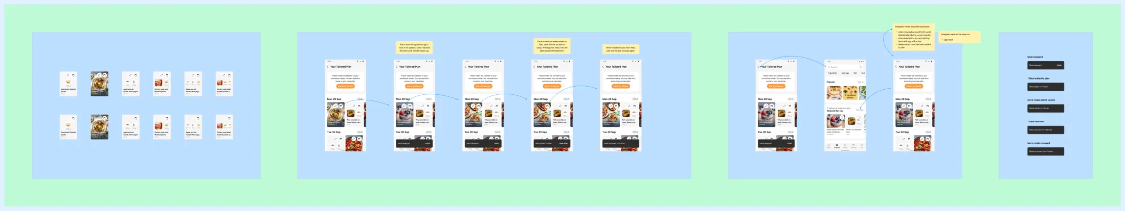 Sprint 12, the UX and UI section: the card set, the swap in place with its loading state and toasts, and the added and removed states with their toasts.
