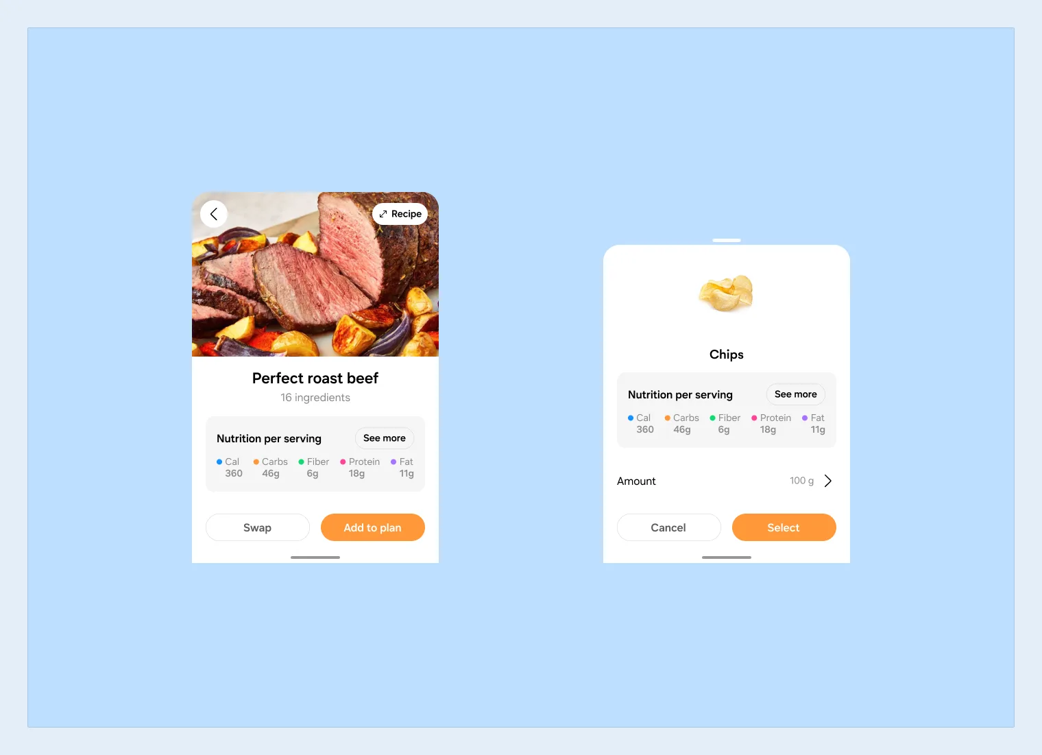 Sprint 3, the cleaner nutrition module: the quick view with the daily nutrition goal shown as percentages beside the swap and add to plan actions.