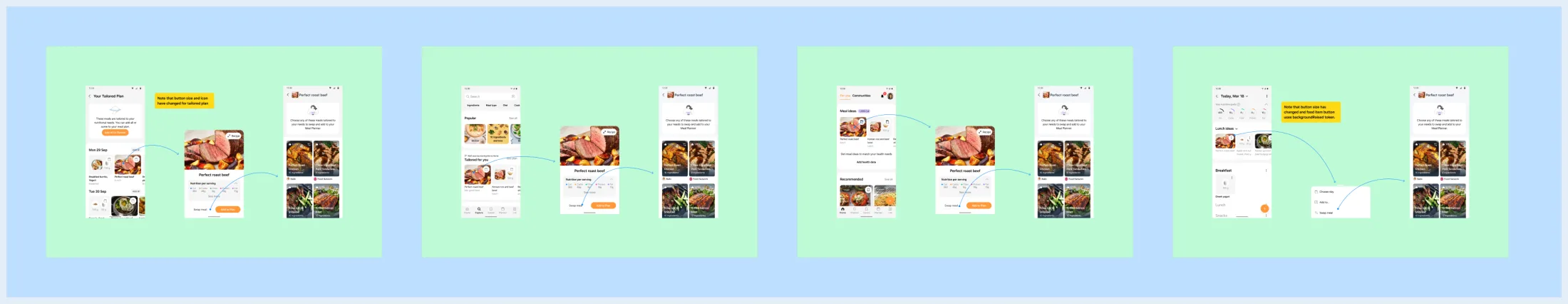 Sprint 8, entry points for Plus users across four surfaces, with notes on the button size, the icon change and the backgroundRaised token.