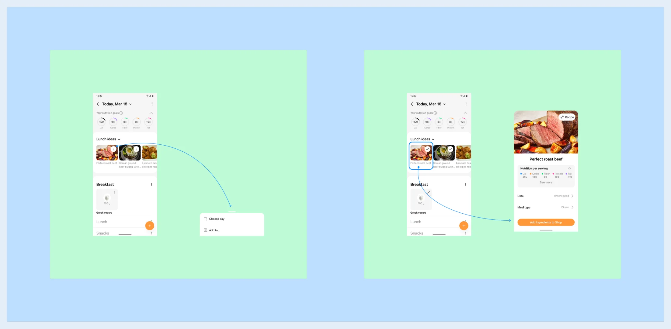 Sprint 8, no candidates available: the Meal Planner tailored row with the overflow menu reduced to Choose day and Add to, and the recipe page as the fallback.