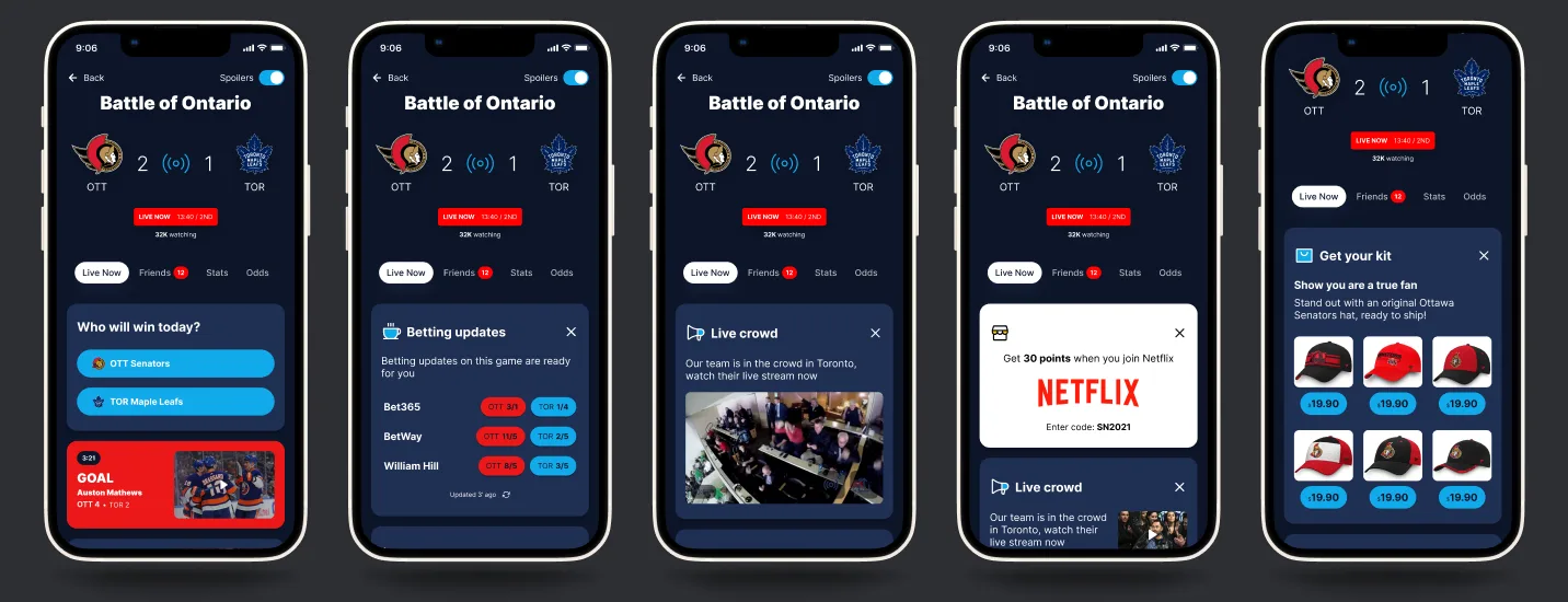 Five phones showing the live Ottawa against Toronto game page, each with a different module under the score: a who will win poll, betting updates, a live crowd stream, a Netflix offer, and a grid of team caps.