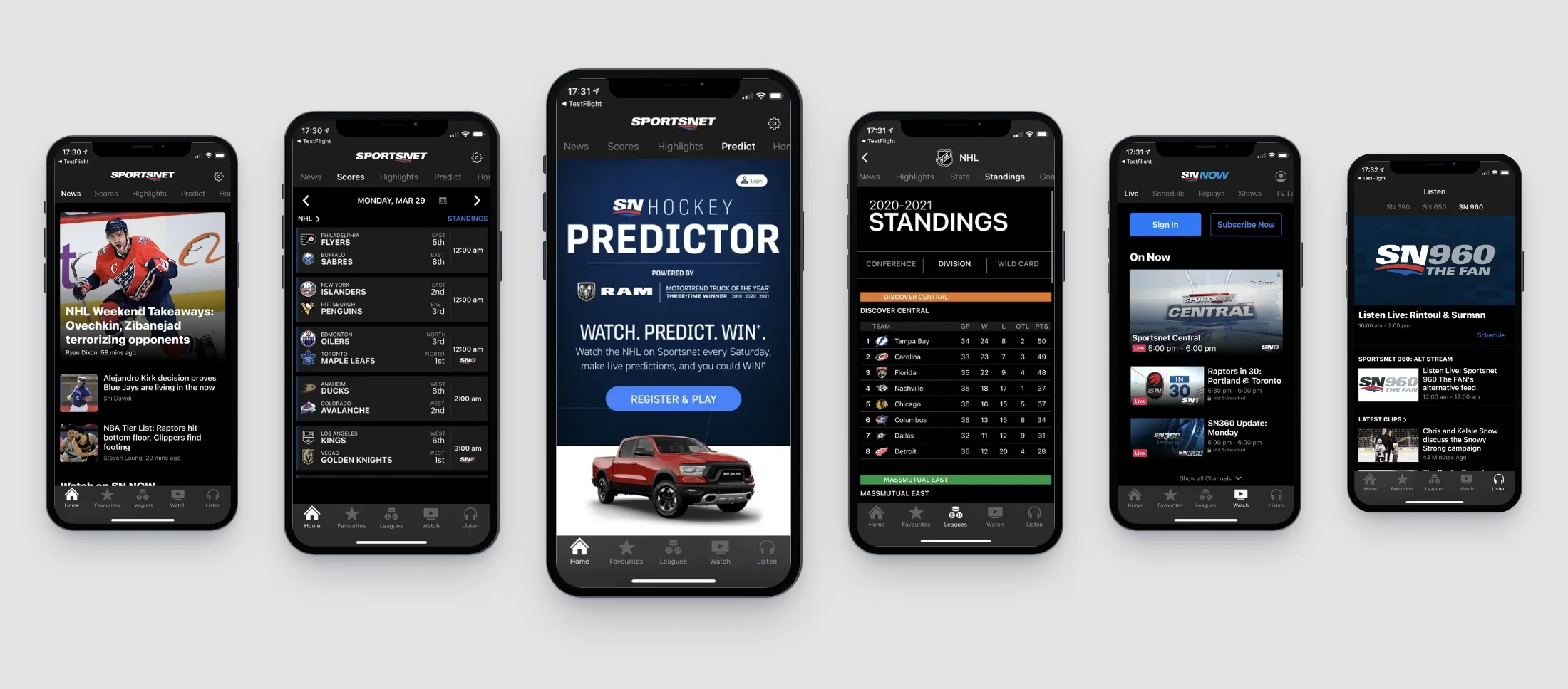 Six screens of the Sportsnet app in March 2021: the news home, the scores for Monday 29 March, the Sportsnet Hockey Predictor, the NHL standings, the SN NOW On Now page and the SN 960 radio stream.