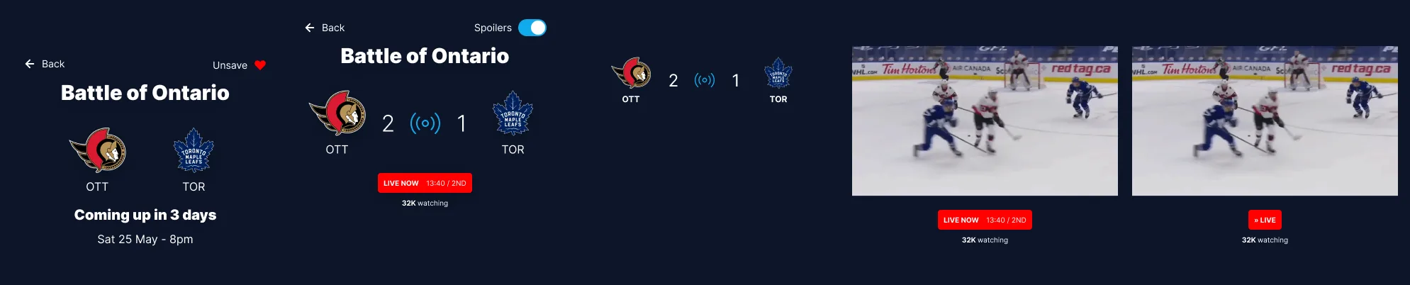 Five dark variants of the Ottawa against Toronto game banner: coming up in three days, live with the score, a compact score bar, and a video player live and on demand.