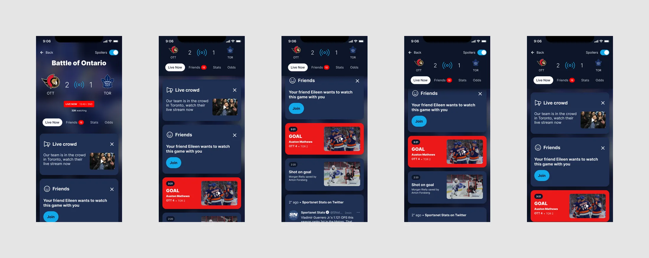Five frames of the dark game page as it scrolls: the full Battle of Ontario banner, then a compact score bar with the live now, friends, stats and odds tabs, over live crowd, watch together, goal and shot modules.