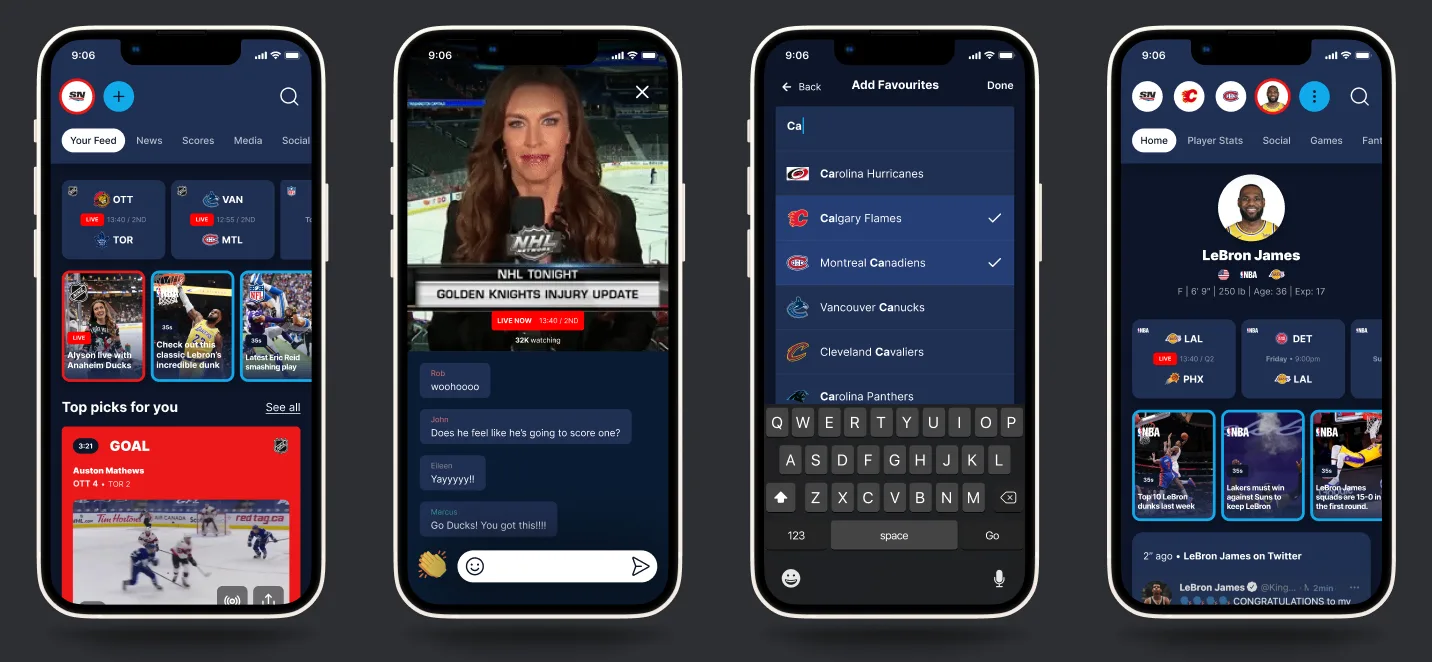 Four phones: the home feed with live games, story clips and a goal, a presenter's clip with a live chat, the add favourites search, and LeBron James's athlete page.