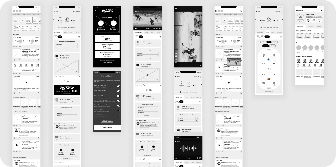 Greyscale wireframes of the journeys: a personalised feed, game feeds with standings, polls and odds, an SN NOW upsell, live feed options, video and audio players, a stats view on a rink diagram, and a profile.