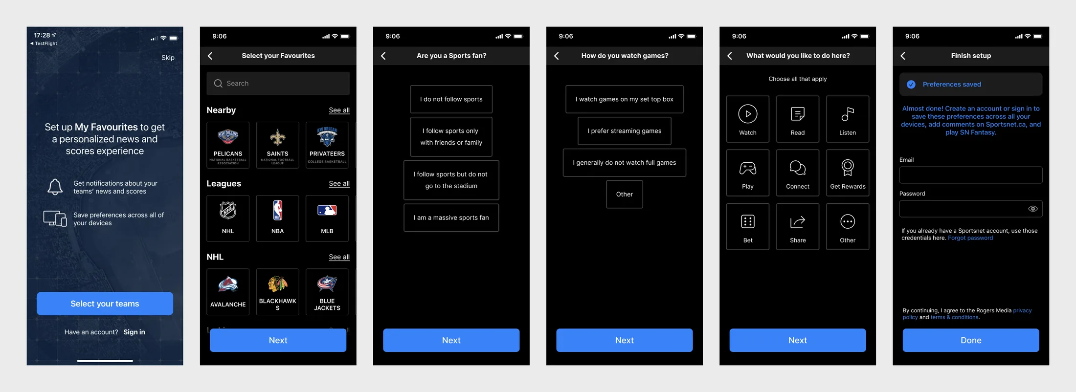Six screens of the rebuilt onboarding: the unchanged first screen, favourites in rows for nearby teams, leagues and the NHL under a search bar, are you a sports fan, how do you watch games, what would you like to do here, and the finish setup form.