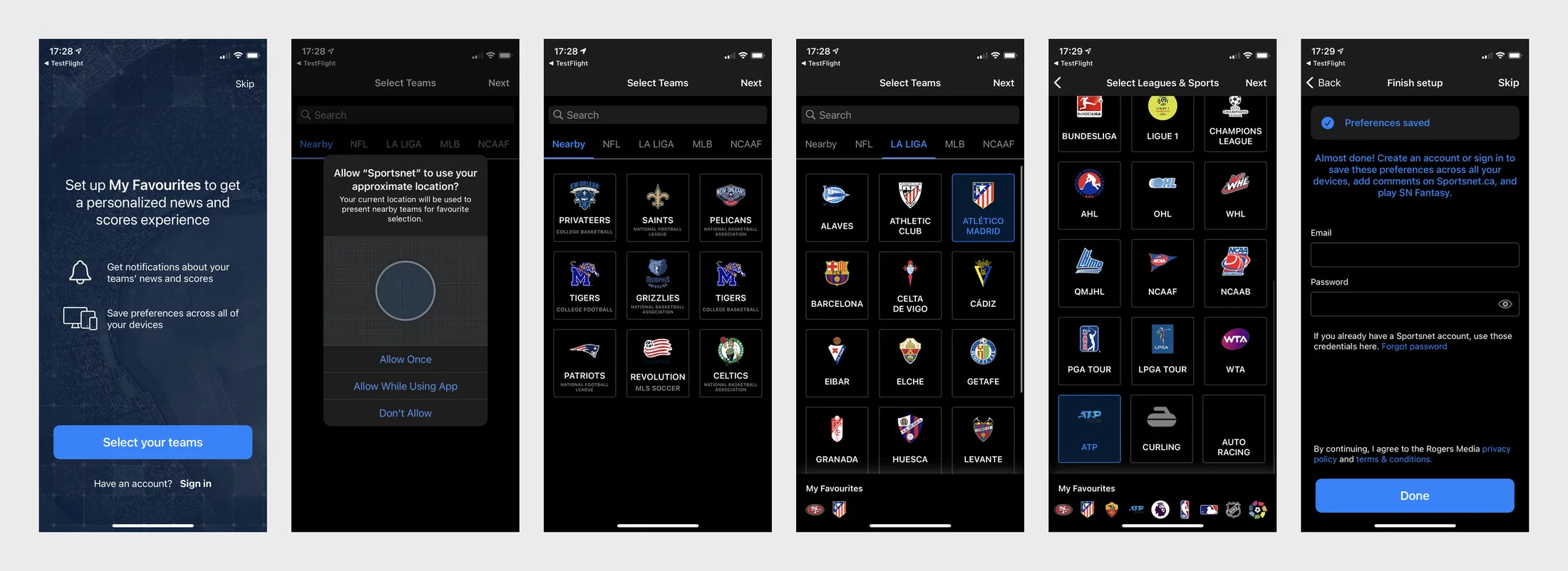 Six TestFlight screens of the current onboarding: set up my favourites, the location permission prompt, nearby teams, a La Liga tab with picks in a favourites tray, a leagues and sports grid, and the finish setup form.