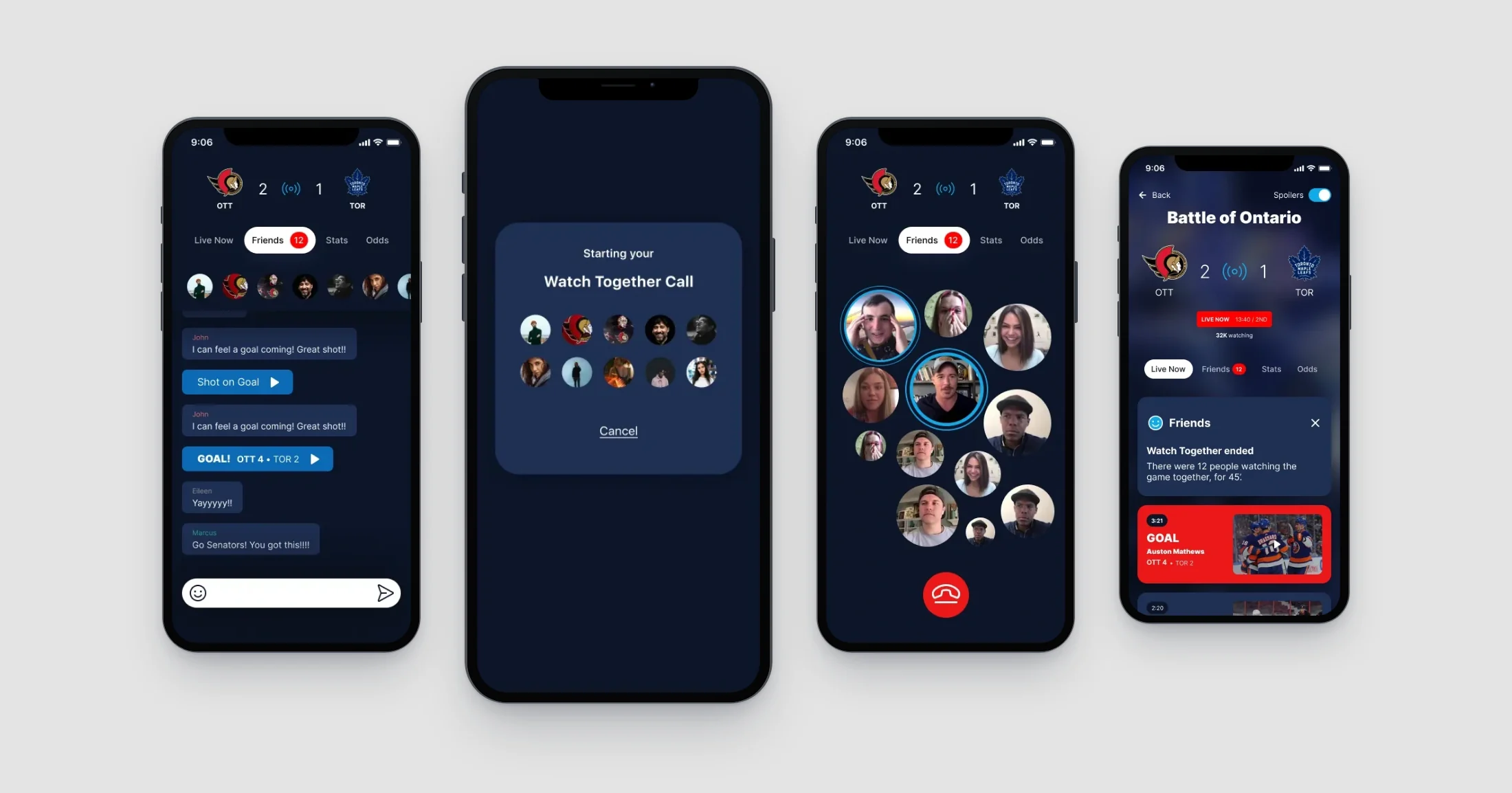 Four phone screens of the live Ottawa against Toronto game page: the friends tab with chat messages and goal cards, a Starting your Watch Together Call panel with friends' avatars, the call with friends' faces in circles and a red hang-up button, and a Watch Together ended card saying 12 people watched for 45 minutes.