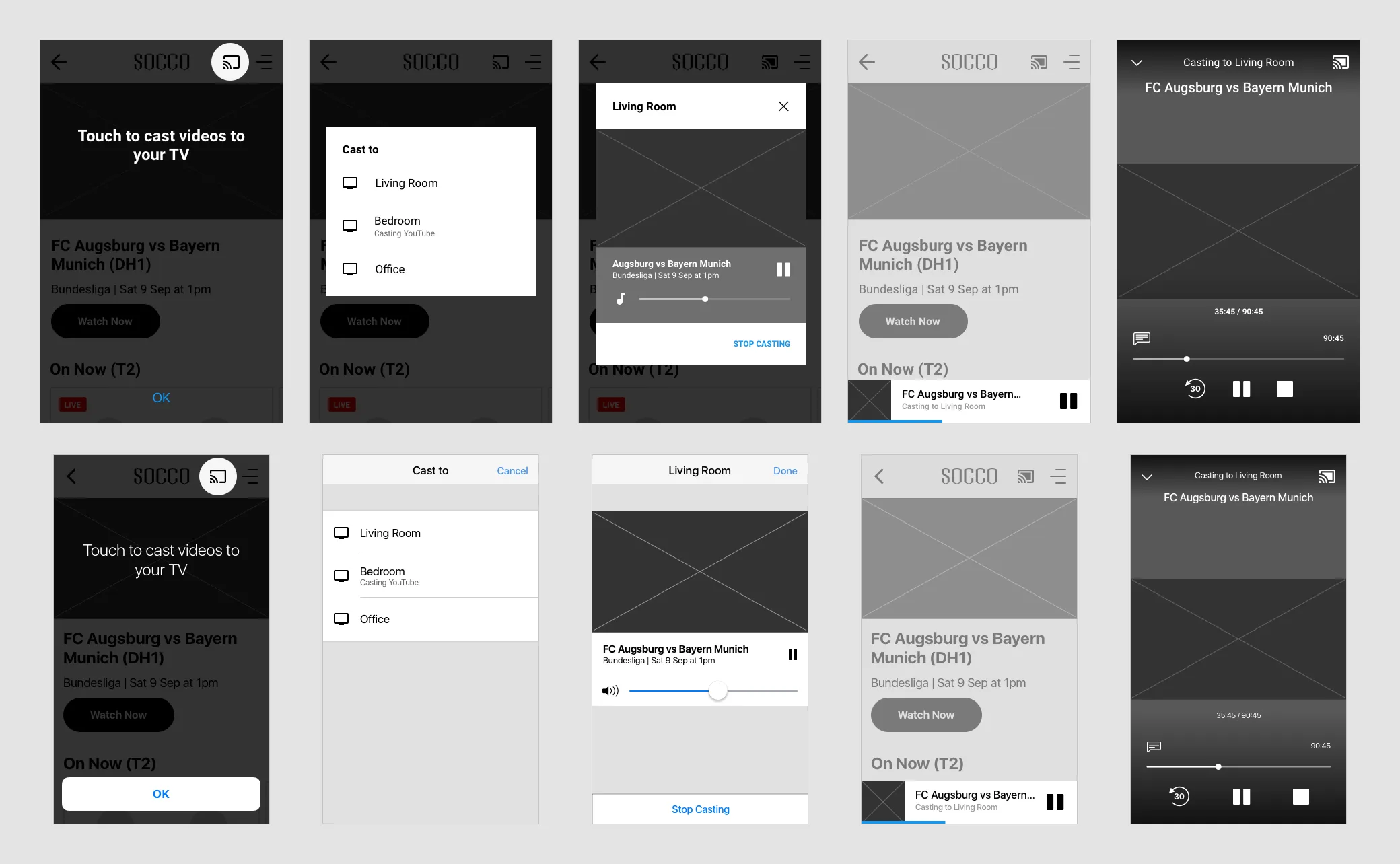 Ten phone wireframes in two rows, Android above and iOS below: the cast introduction, the list of cast devices, the Living Room casting dialog, the mini player over a detail page and the extended player.