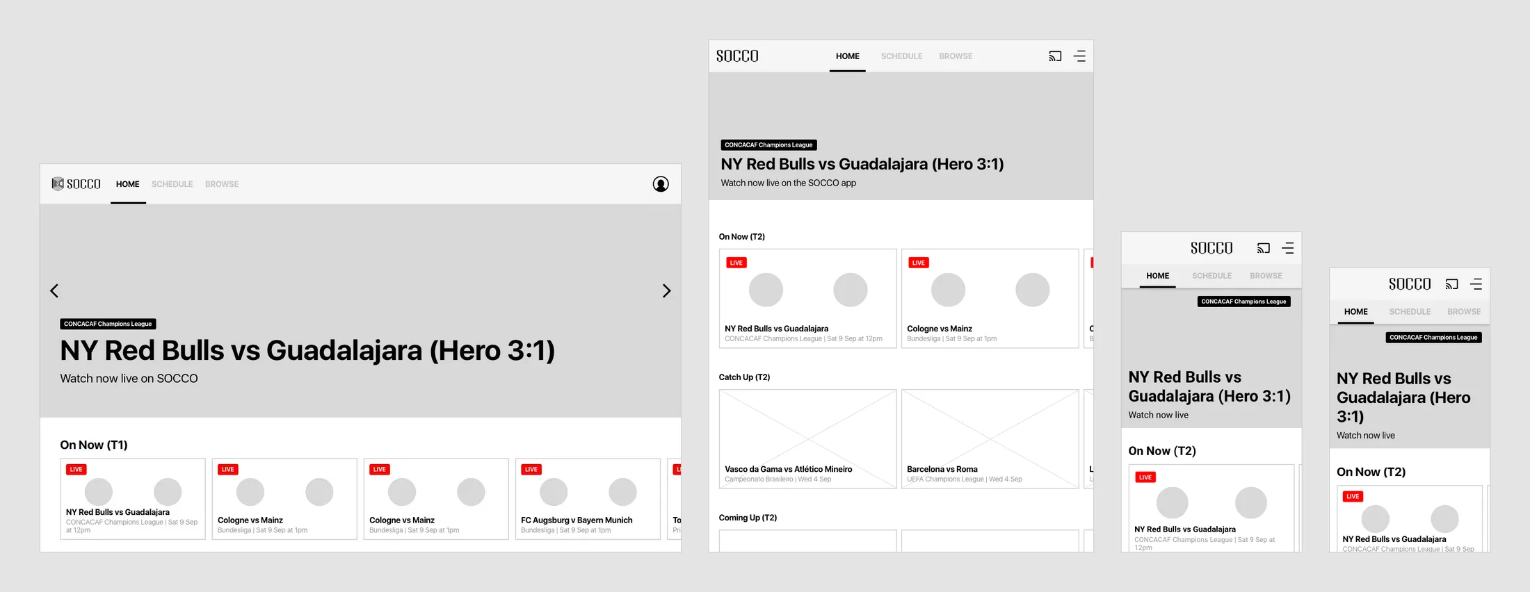 The home page on four of the seven layouts in the spec: desktop web, the iPad app, the Android phone app and the iPhone app, each opening on a live CONCACAF Champions League match above a row of games on now.