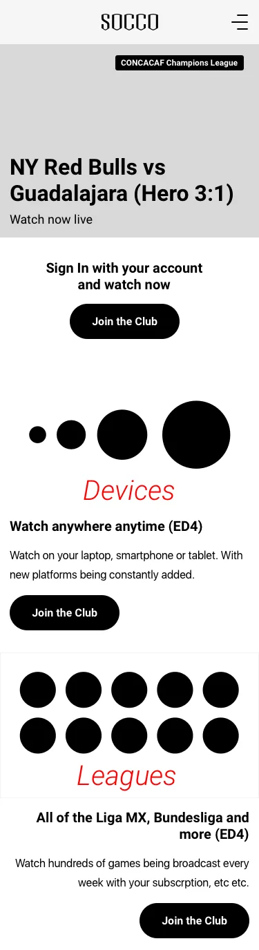 The signed-out landing page in a phone browser: a live match hero, then blocks for sign-in, devices and leagues, each with a Join the Club button.