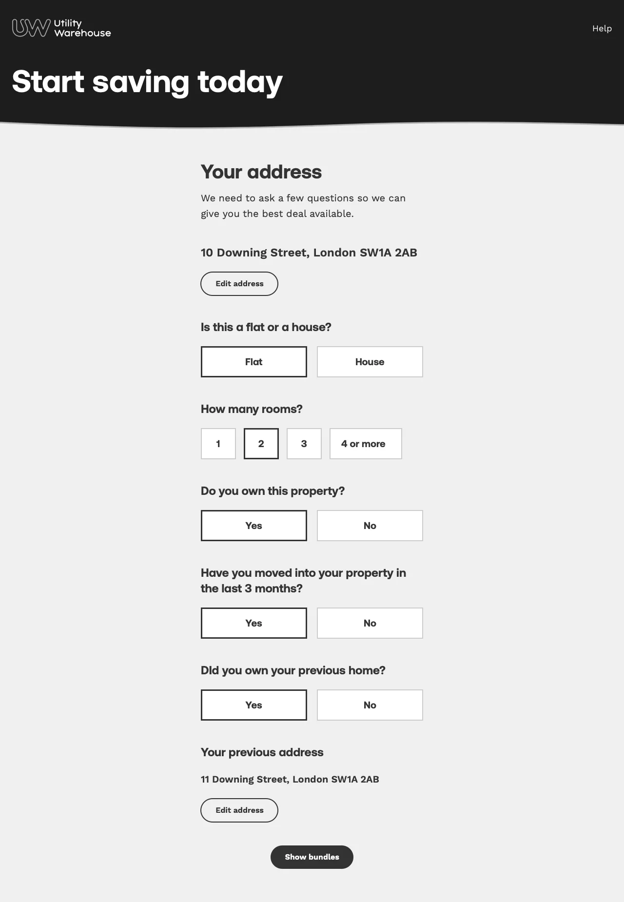 A greyscale wireframe of the address step, with questions on flat or house, rooms, ownership, a recent move and the previous home, then a Show bundles button.