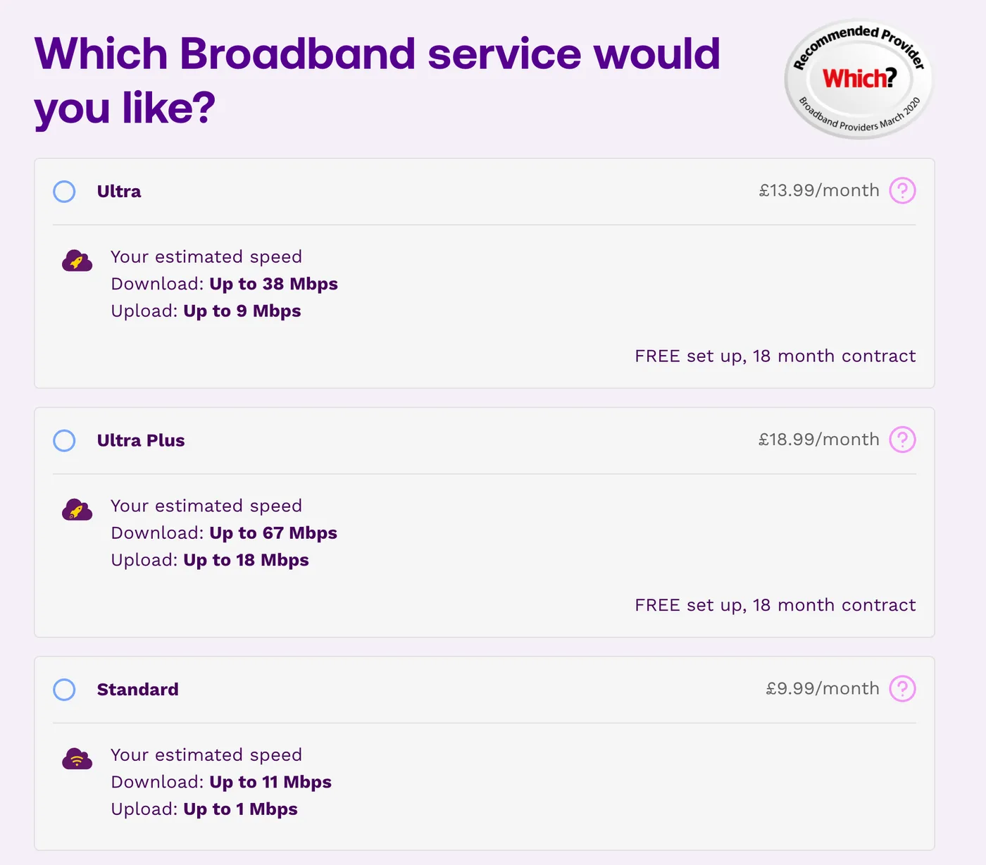The built broadband step for an address on copper, with Ultra at £13.99, Ultra Plus at £18.99 and Standard at £9.99 a month, each with its estimated download and upload speeds.