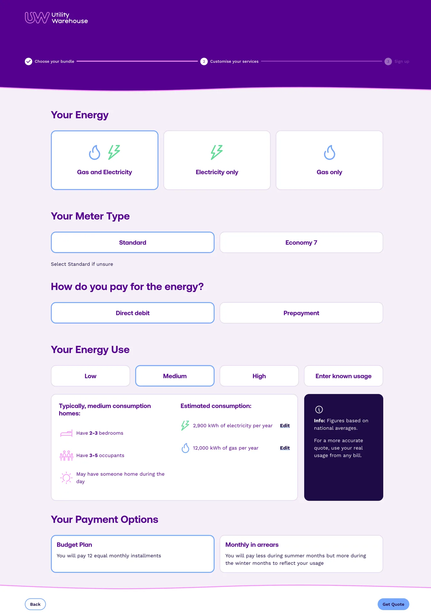 The built energy step, with energy type, meter type and how the customer pays as cards, usage bands over a panel describing a medium home, and two payment options.