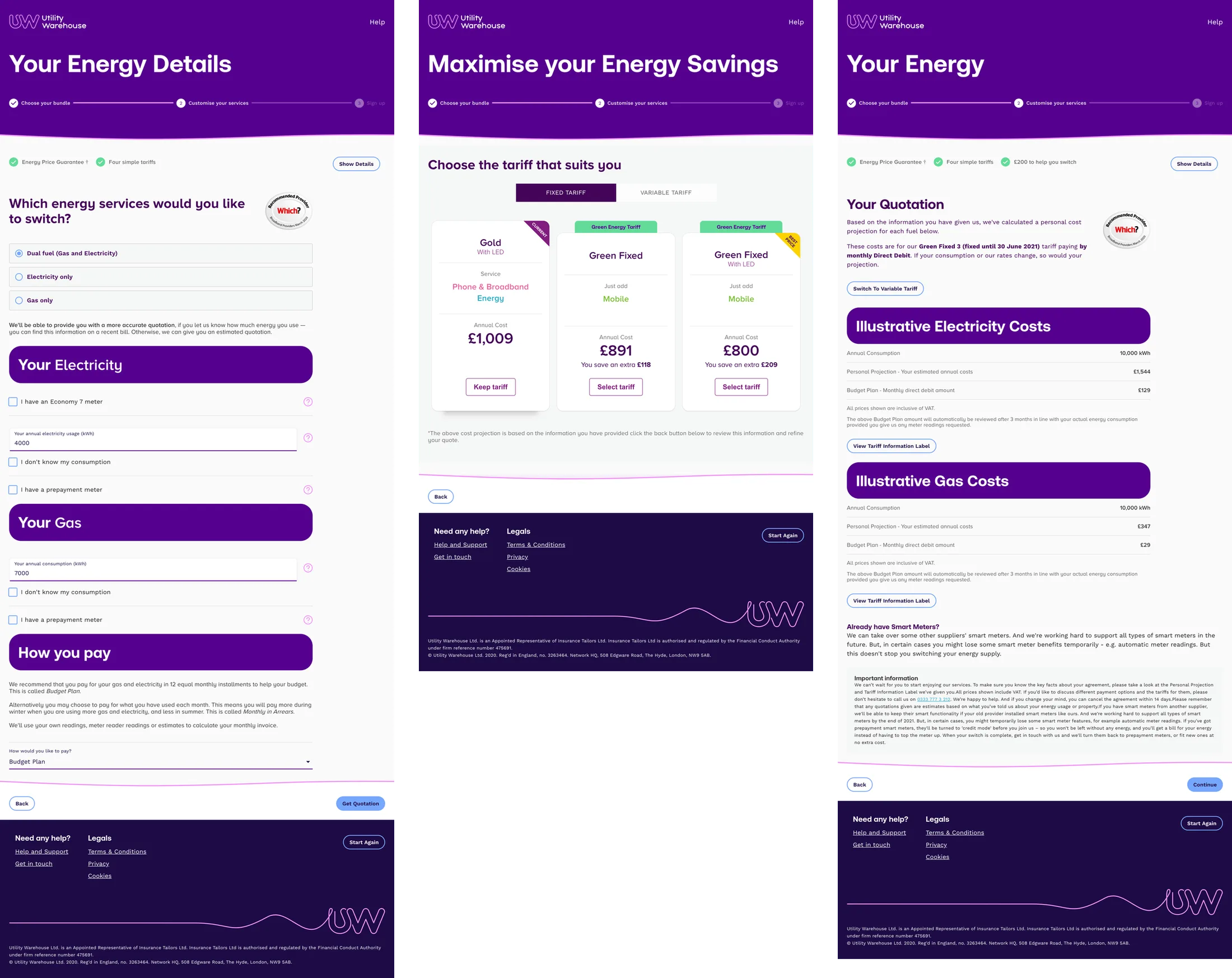 Three live energy steps side by side, energy details with kWh fields prefilled at 4000 and 7000, a tariff list priced by the year, and a long quotation page.