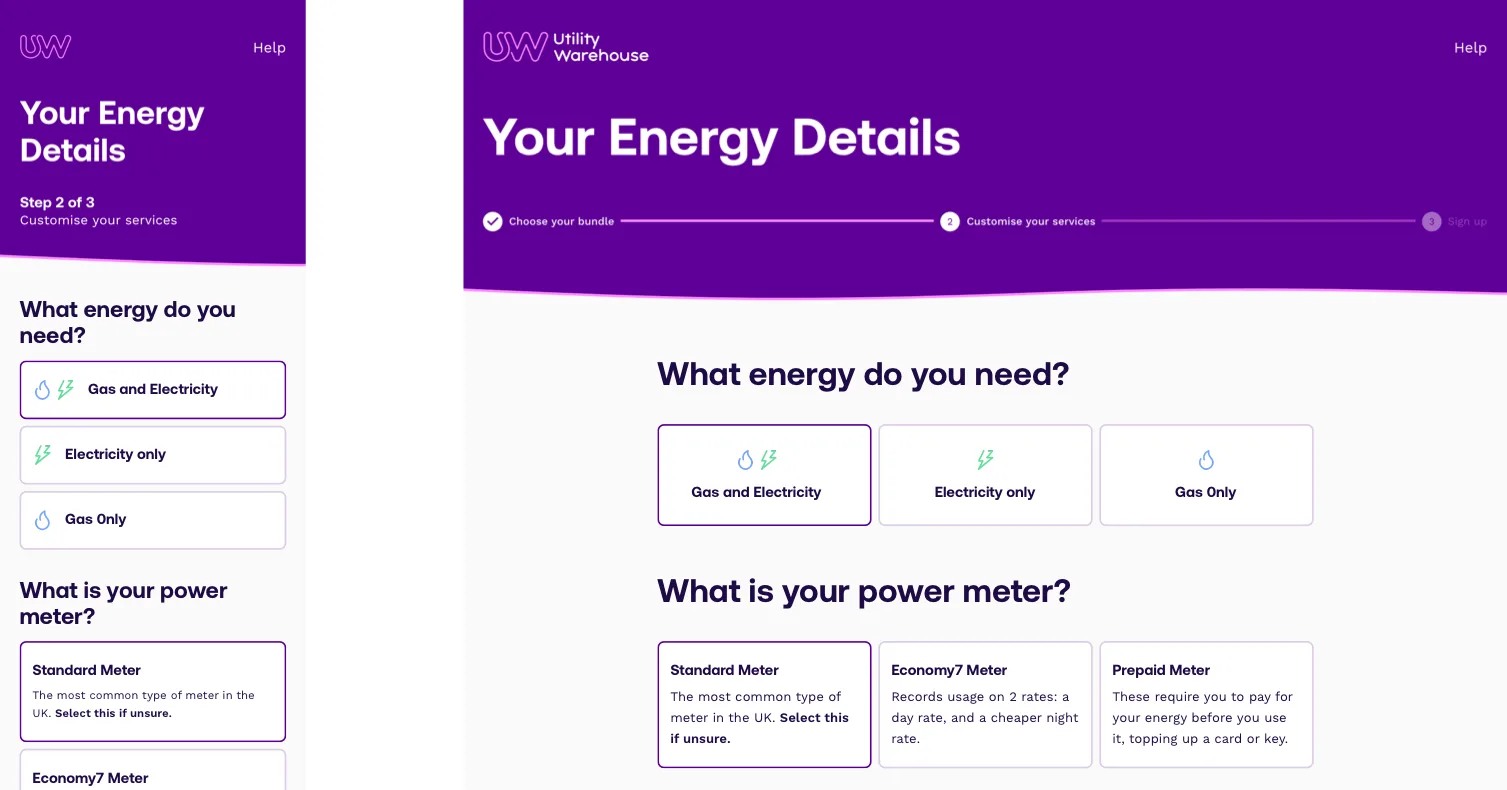 The redesigned energy details step in mobile and desktop, with the energy type and the meter type chosen from cards.
