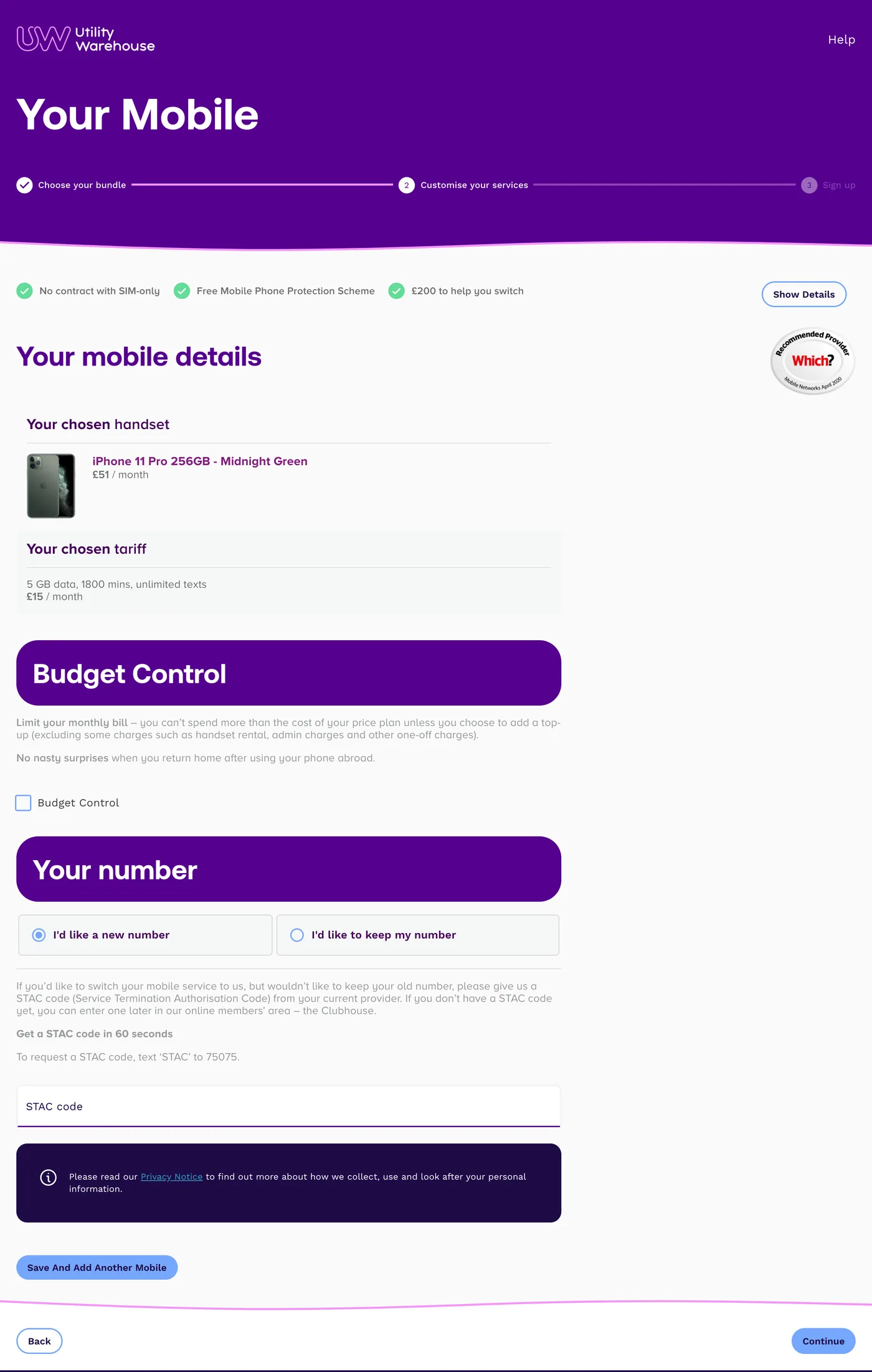 The existing mobile details page, with the chosen handset and tariff, a Budget Control checkbox, a new or kept number, and a button to save and add another mobile.