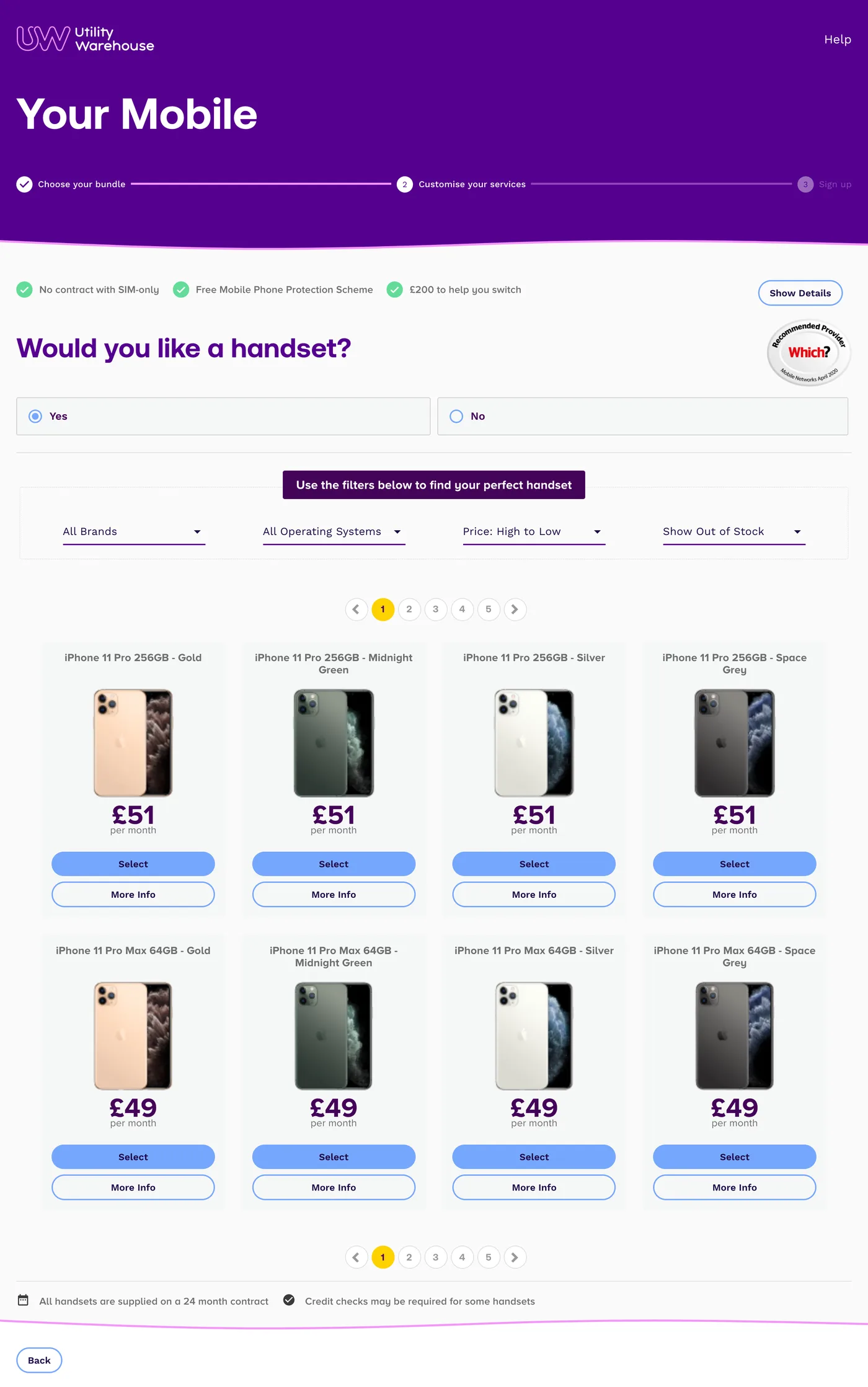 The existing handset page of the mobile step, with a yes or no question on wanting a handset, filters for brand, operating system, price and stock, and a paged grid of handsets at £51 and £49 a month.