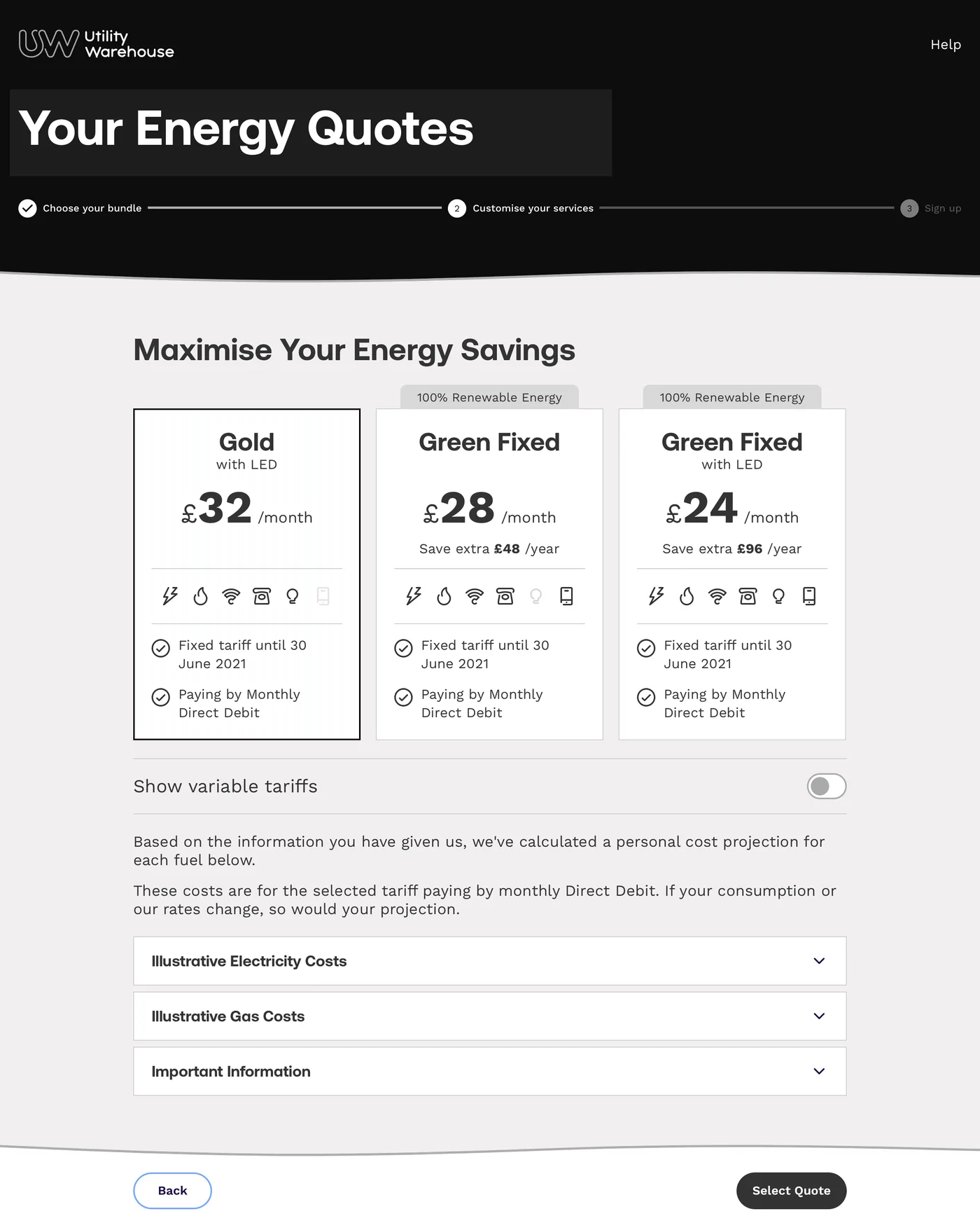 The merged quotes page in greyscale, with three tariff cards, Gold with LED at £32 a month and two Green Fixed tariffs at £28 and £24, a row of service symbols on each card, a toggle for variable tariffs and three accordions.