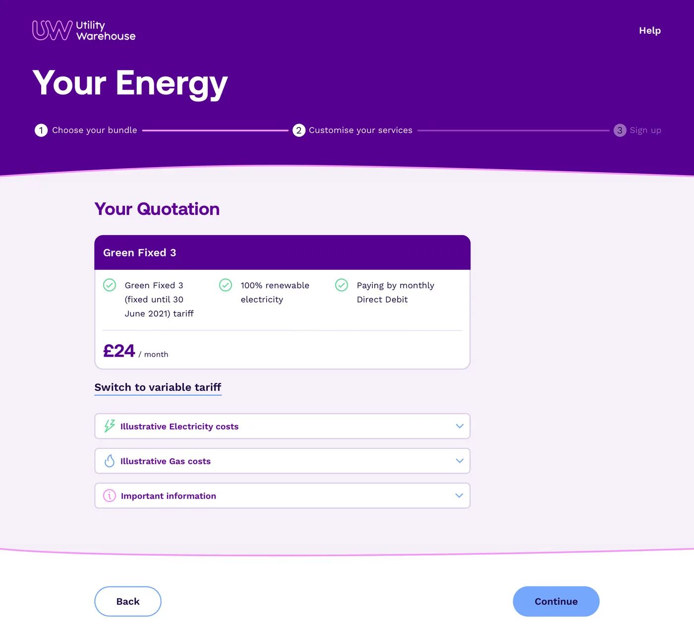 A single quotation page in UW purple, with one card for Green Fixed 3 at £24 a month, a link to switch to a variable tariff, and accordions for electricity costs, gas costs and important information.