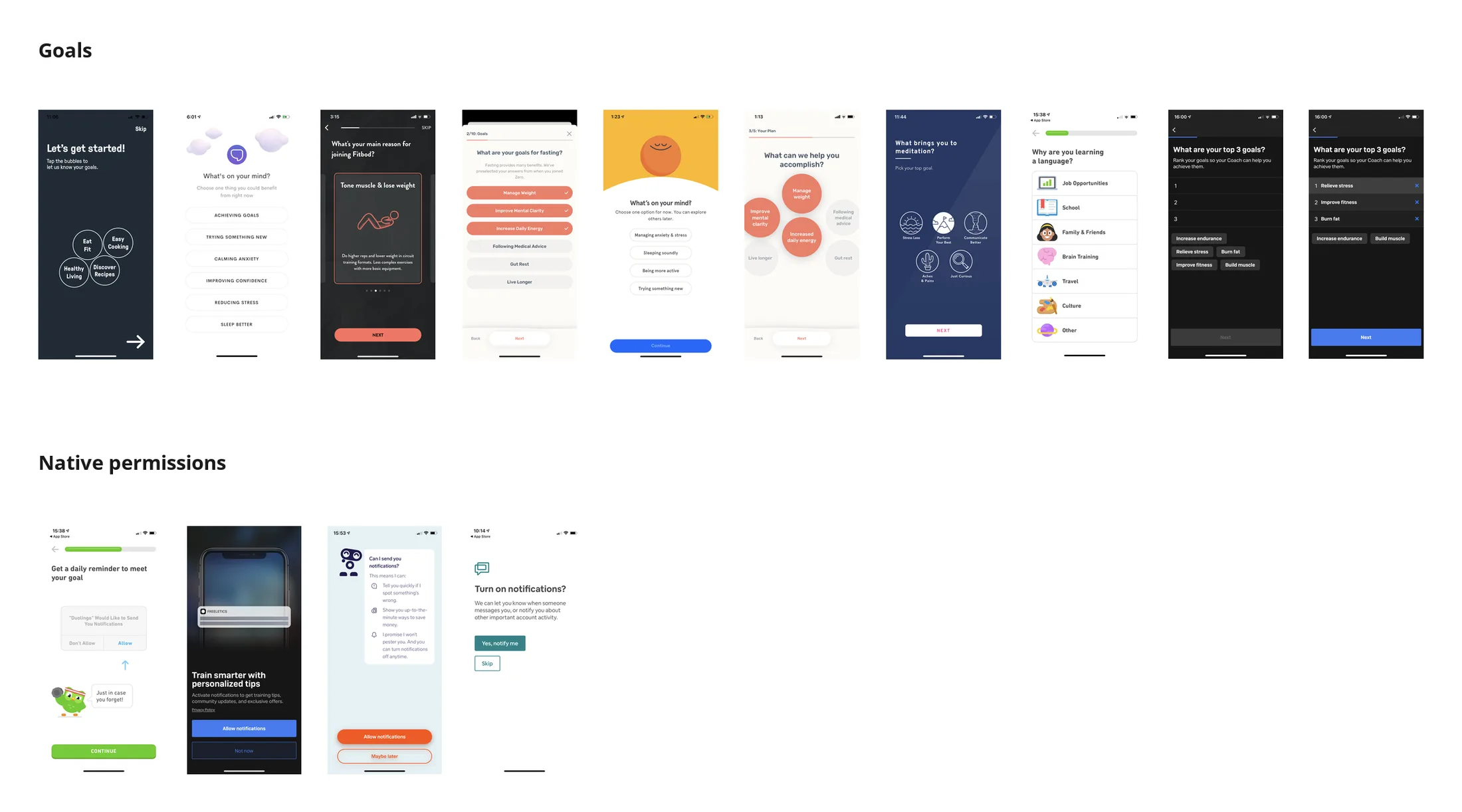 Two rows from a Miro board: ten goal-setting screens from consumer apps under the heading Goals, and four notification permission screens under the heading Native permissions.
