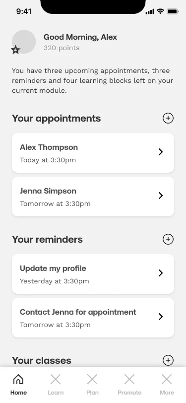 The partner dashboard: Good Morning, Alex with 320 points and a star badge, a summary of upcoming appointments, reminders and learning blocks, lists of appointments and reminders, the Your classes heading, and a tab bar reading Home, Learn, Plan, Promote and More.