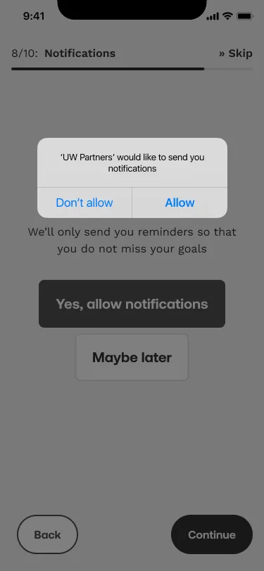 Step eight of ten, Notifications: the iOS alert asking to allow UW Partners to send notifications, over the app's own screen with Yes, allow notifications and Maybe later.