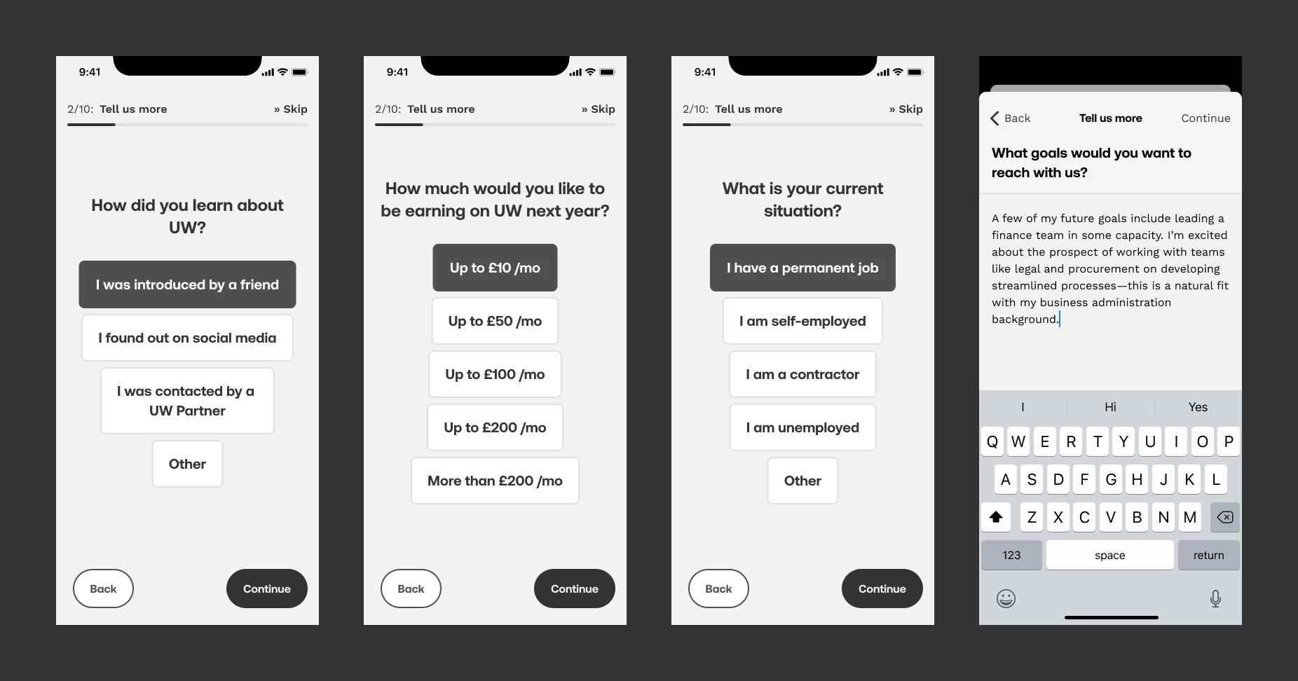 Four versions of step two: how did you learn about UW, how much would you like to be earning on UW next year, what is your current situation, and a Tell us more sheet with a typed answer about the partner's goals.