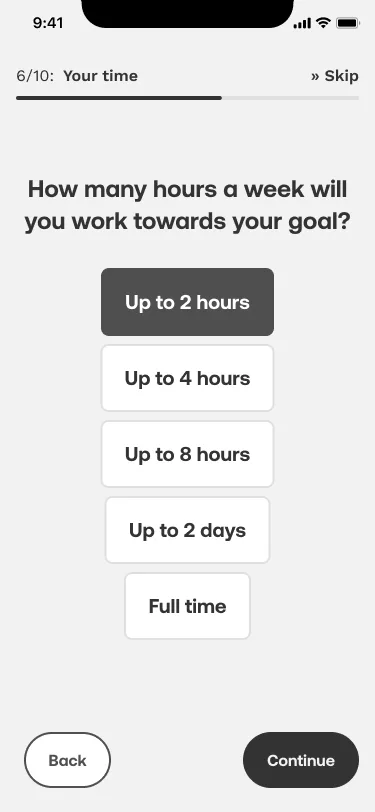 Step six of ten, Your time: How many hours a week will you work towards your goal, with Up to 2 hours selected.