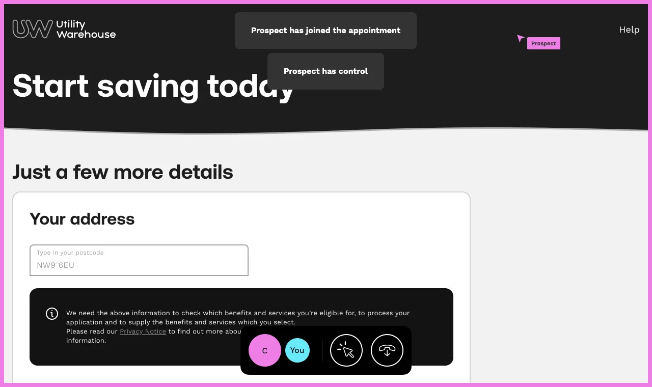 The session-state wires, partner's view of the address step: alerts reading Prospect has joined the appointment and Prospect has control at the top, and a black bar at the bottom with the prospect's initials in a large pink circle, the partner's in a small cyan one, a control button and a hang-up button.