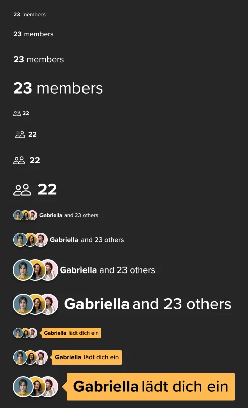 The community tags component: a member count in two versions, the friends line with stacked avatars and the orange invitation pill, each shown from small to extra large.