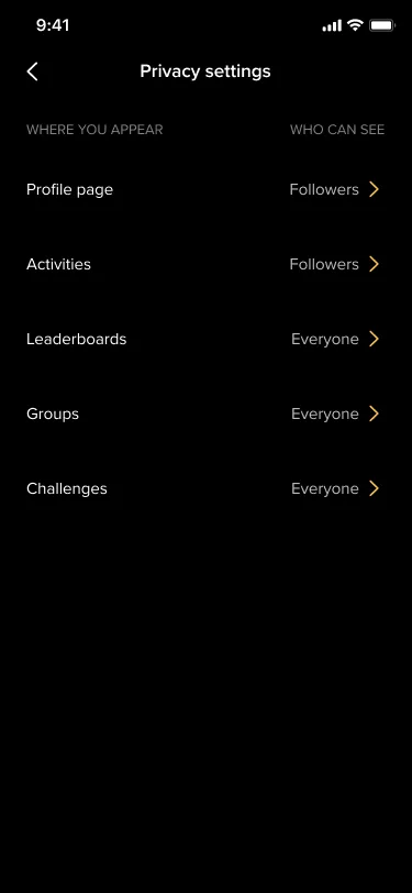 Privacy settings as a table of where you appear and who can see it: the profile page and activities set to Followers, and leaderboards, groups and challenges set to Everyone.