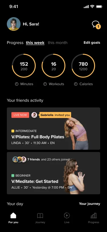 Test A Home screen: the member's photo and a greeting at the top, with a message button showing one unread, weekly progress rings, friends' activity with class invites, and a tab bar with For you, Journey, Live and Progress.