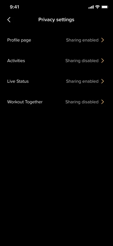 Test A privacy settings: profile page, activities, live status and workout together, each marked sharing enabled or disabled, with a chevron.