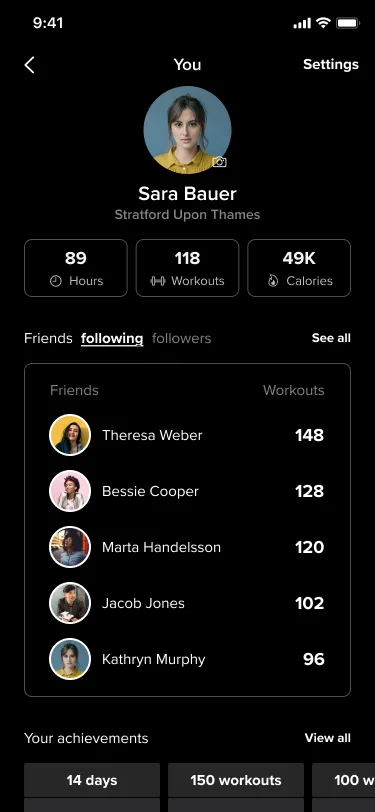 Test A profile screen titled You, with a back arrow and a Settings link, the member's photo, name and location, three stat tiles, and a friends leaderboard ranked by workouts.