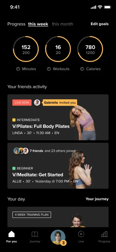 Test B Home screen: weekly progress rings at the top, friends' activity with class invites, and a tab bar with the member's photo in the centre and an unread count of three.