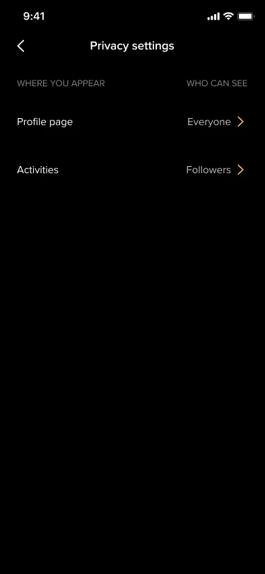 Test B privacy settings as a table with the headings where you appear and who can see: the profile page set to Everyone and activities set to Followers.