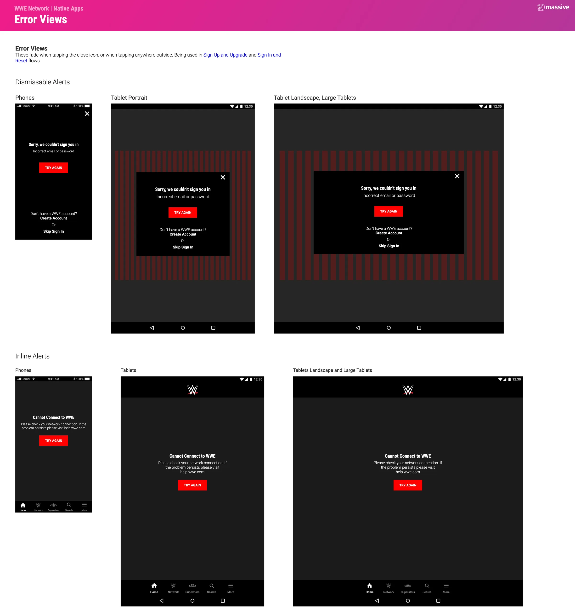 The Error views page: a dismissable sign-in error and an inline no-connection alert with a Try again button, each drawn for phones and for tablets in both orientations.